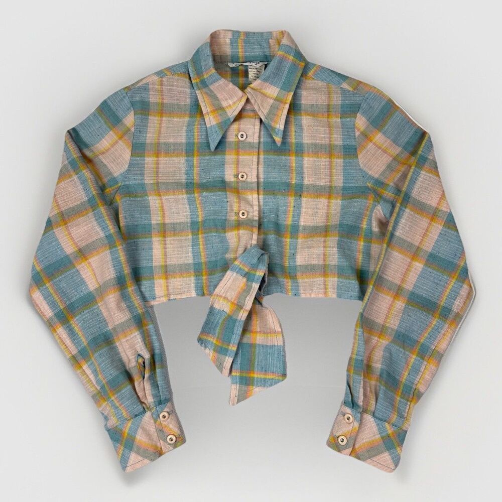 Vintage 70’s Plaid Crop Tie Front Shirt‎ Gauze Boho Cowgirl fits Women's Small